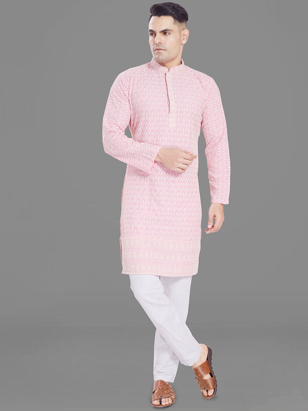 

DIVISIVE Men Thread Work Kurta, Pink