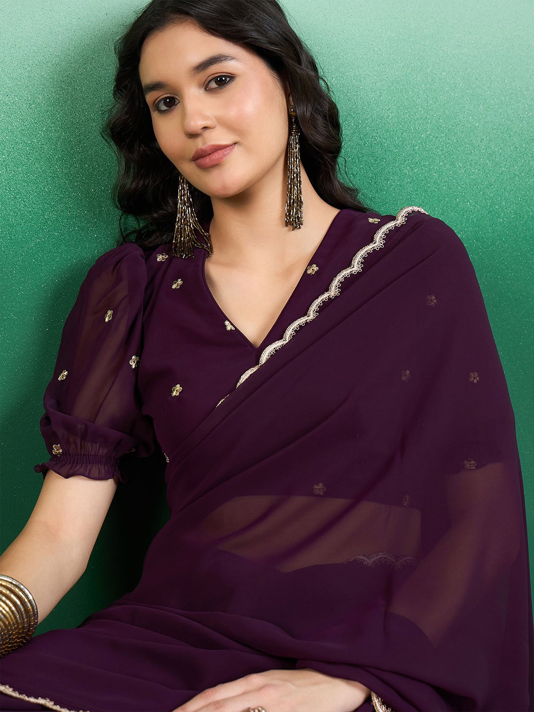 

Sangria Embroidered Border Saree With Blouse Piece, Purple