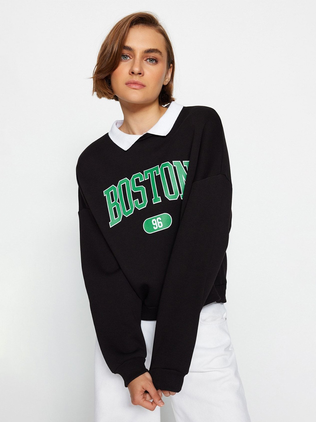 

Trendyol Women Typography Printed Shirt Collar Sweatshirt, Black