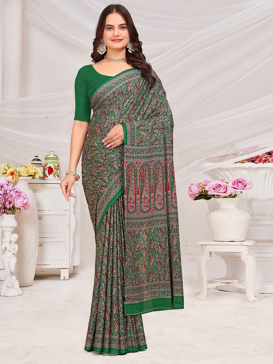 

Mitera Floral Pure Crepe Saree, Green