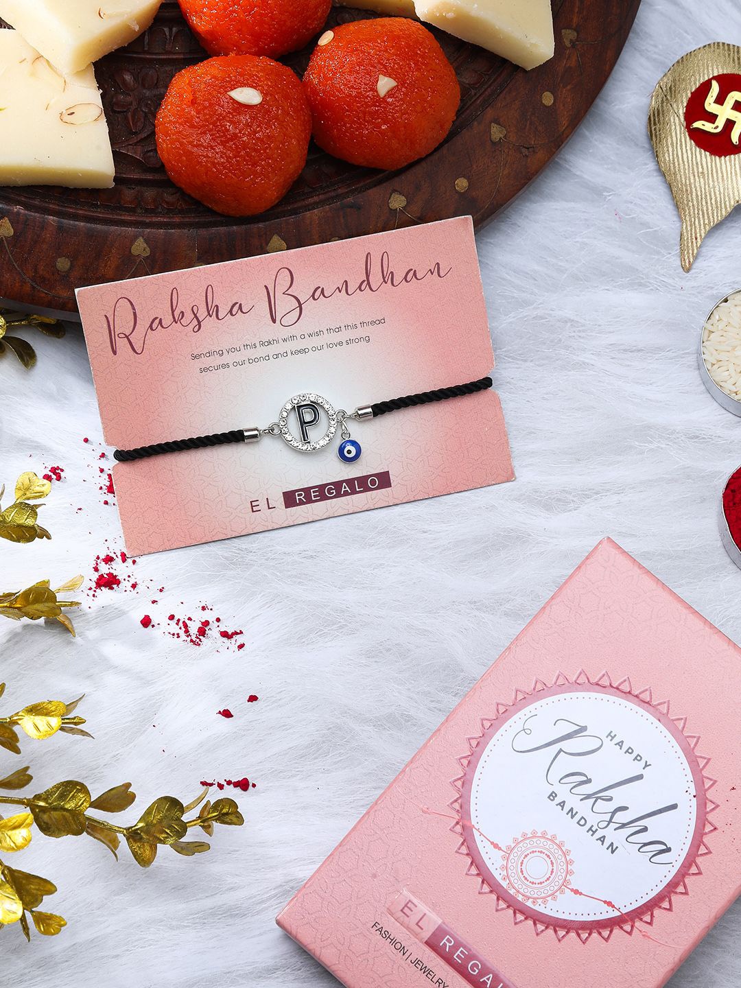 

EL REGALO P Letter Rakhi Gift Set, Silver