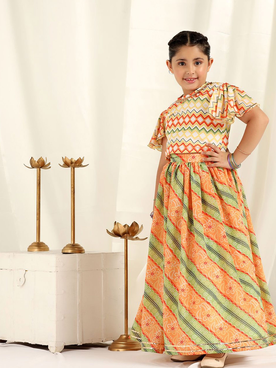 

BAESD Girls Bandhani Printed Flutter Sleeves Ready to Wear Lehenga & Blouse, Yellow