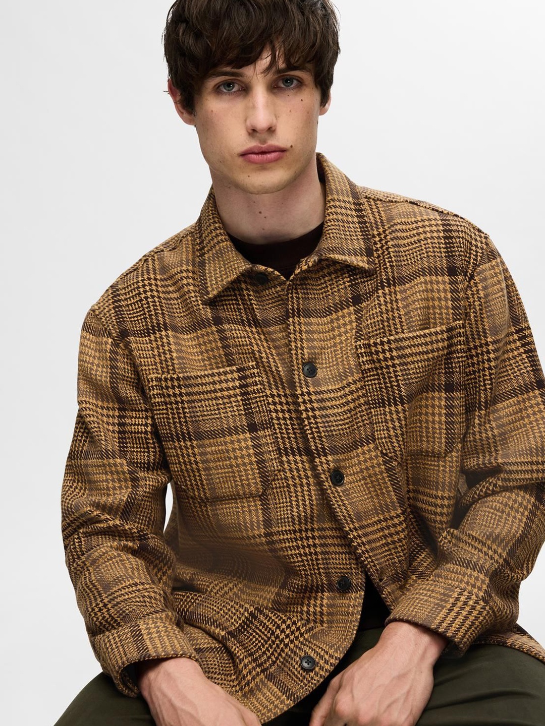 

SELECTED Men Spread Collar Checked Cotton Casual Shirt, Brown
