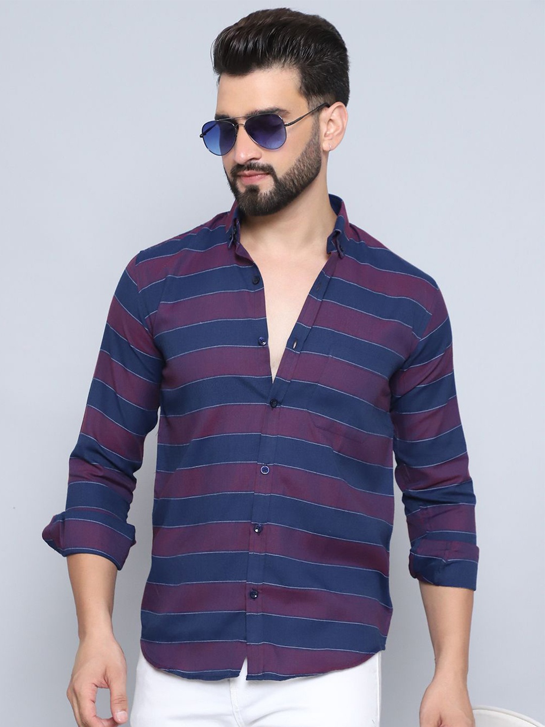 

Indian Needle Men Classic Button-Down Collar Striped Cotton Casual Shirt, Purple