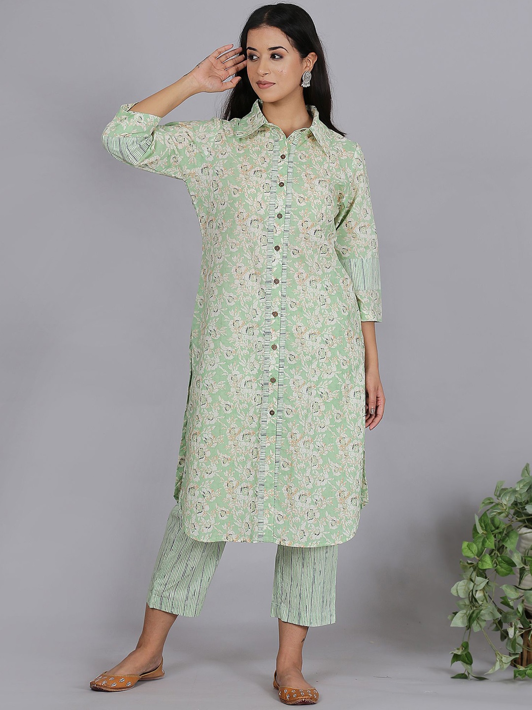 

Spring Soul Women Floral Printed Regular Pure Cotton Kurta with Trousers, Green