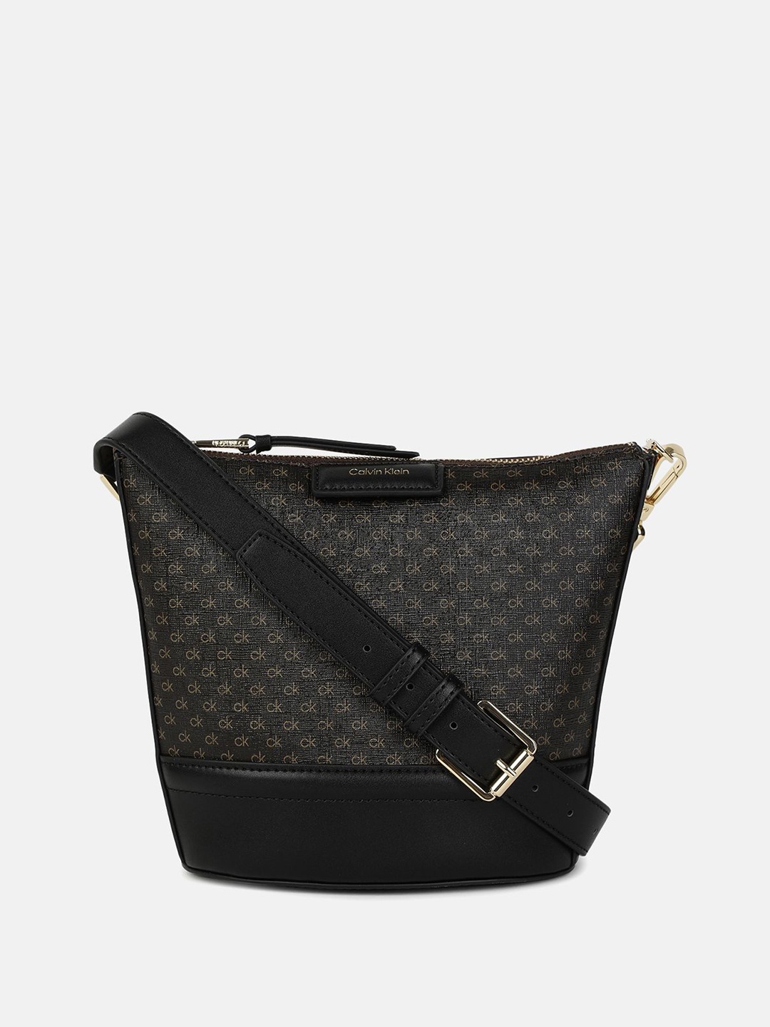 

Calvin Klein Geometric Printed Bucket Sling Bag with Quilted, Brown