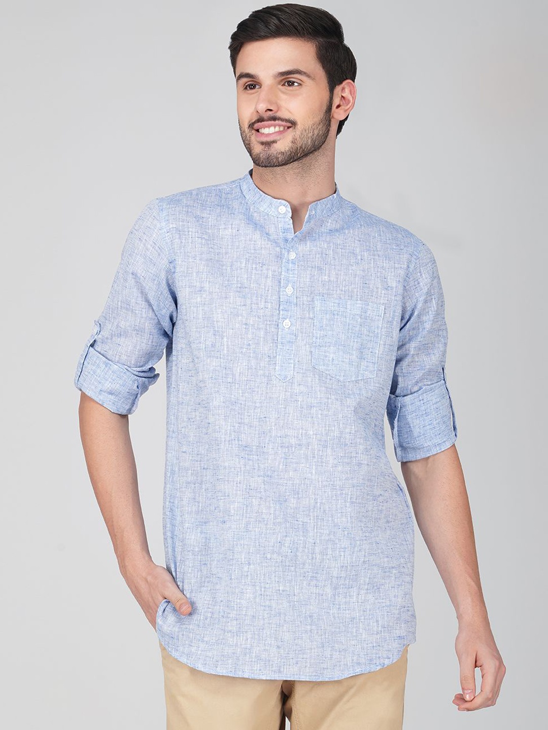 

Vastraa Fusion Men Thread Work Khadi Handloom Pathani Kurta, Navy blue