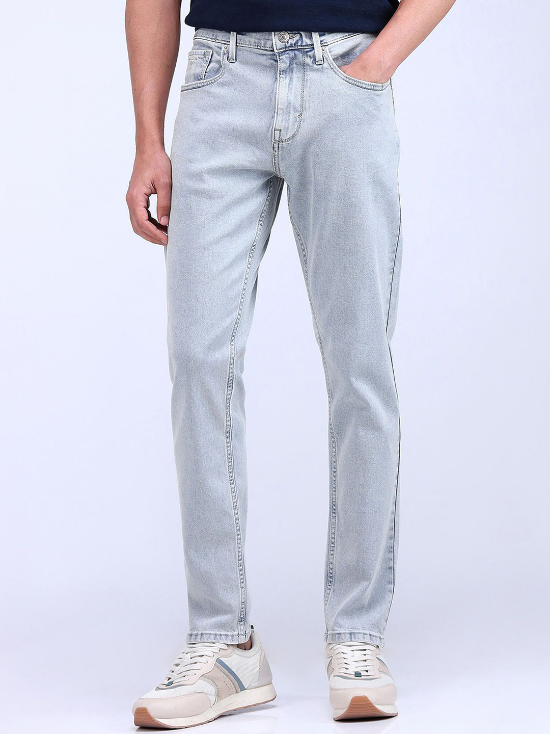 

Flying Machine Men Tapered Fit Low Distress Heavy Fade Stretchable Jeans, Blue