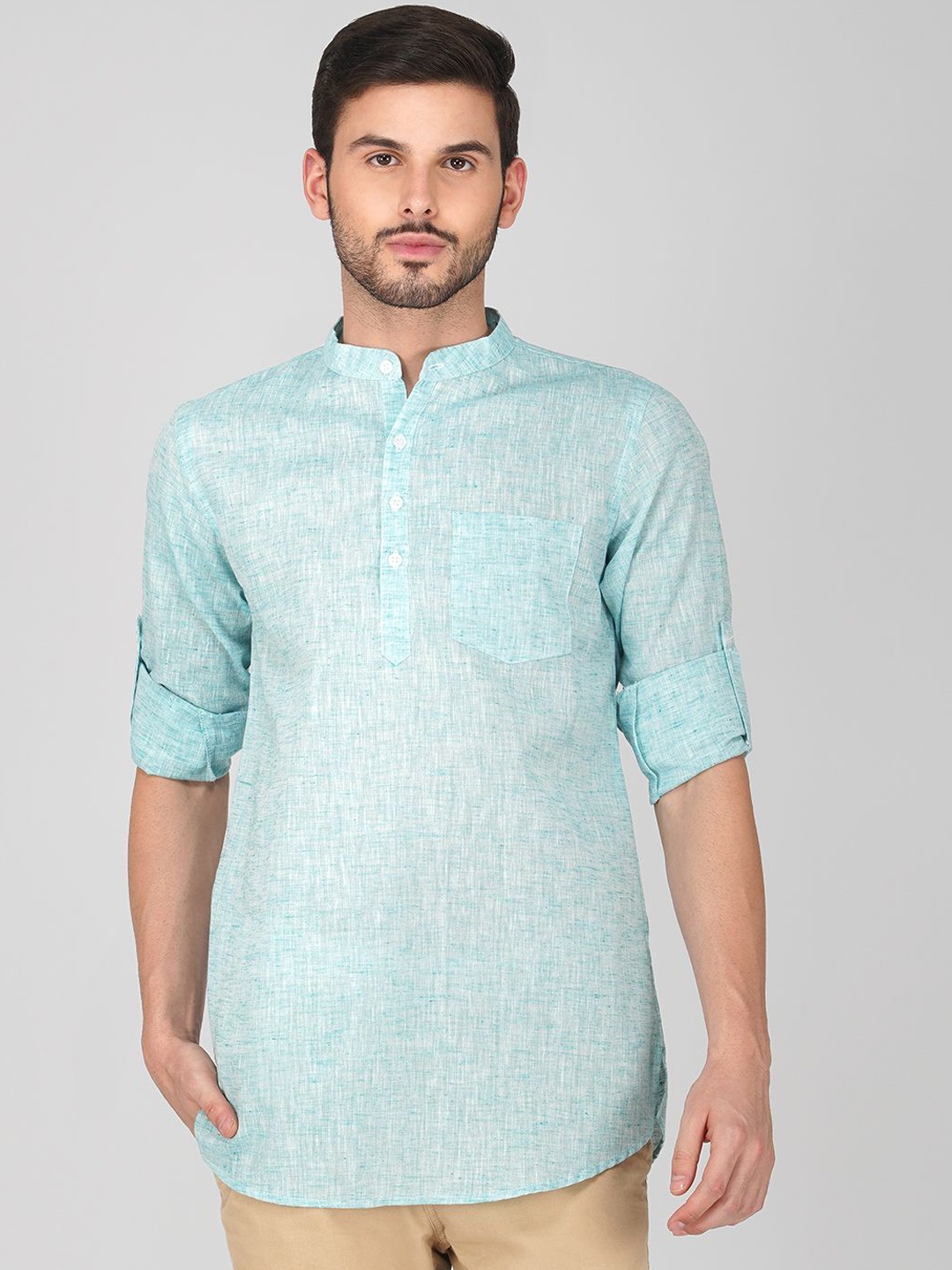 

Vastraa Fusion Men Thread Work Khadi Handloom Kurta, Lime green