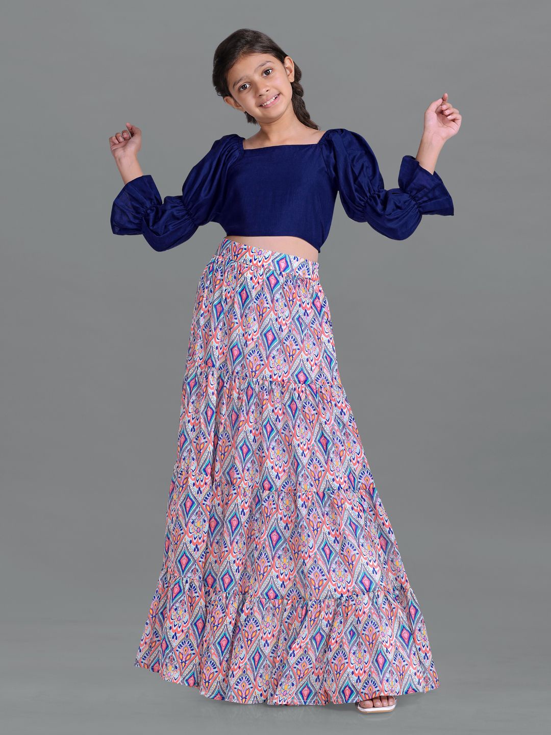 

BAESD Girls Square Neck Puffed Sleeves Ready to Wear Lehenga Choli, Blue