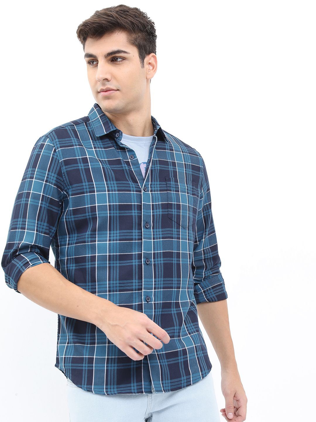 

HIGHLANDER Men Spread Collar Tartan Checked Cotton Slim Fit Casual Shirt, Navy blue
