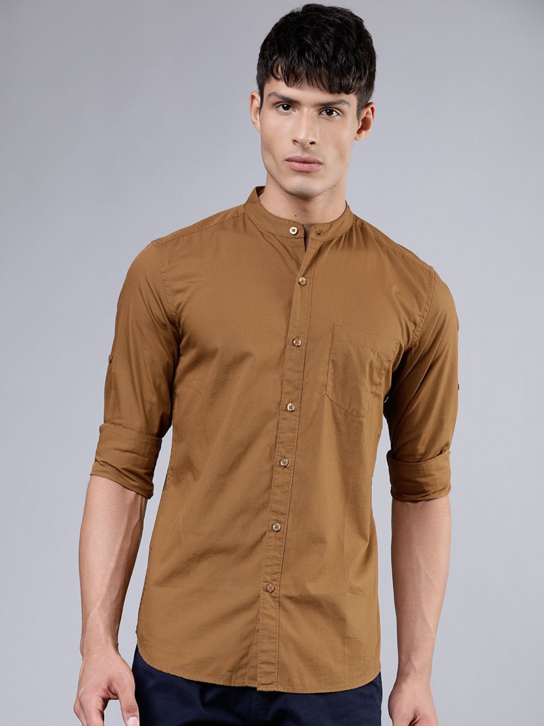 

HIGHLANDER Men Mandarin Collar Solid Cotton Slim Fit Casual Shirt, Khaki