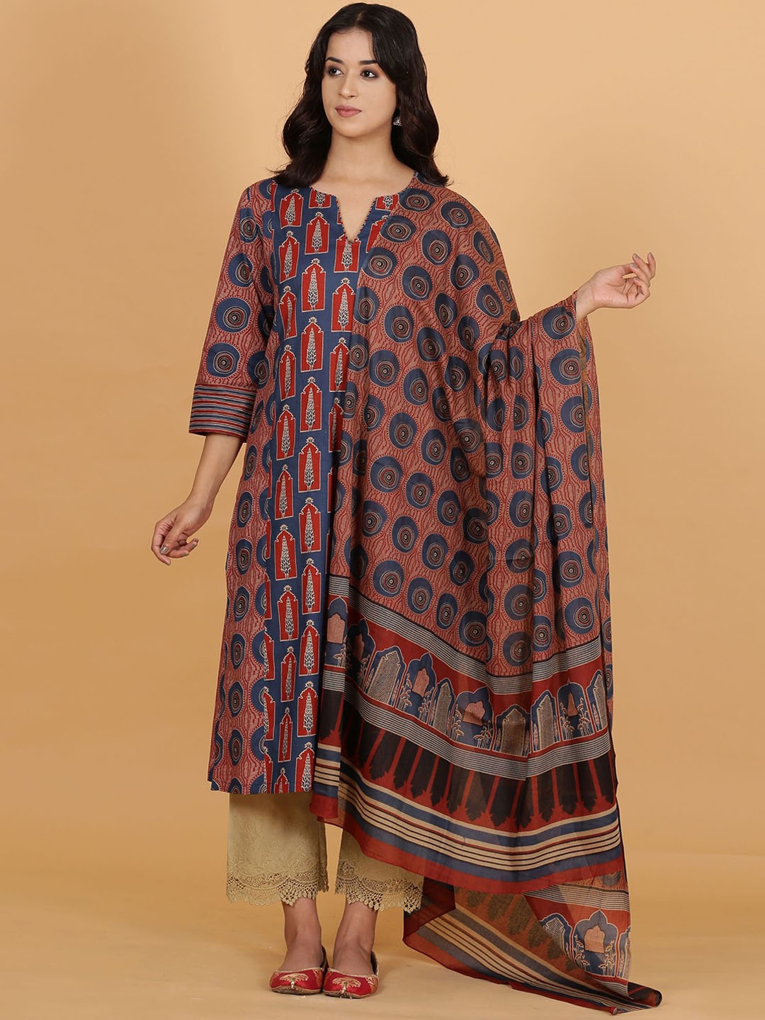 

Spring Soul Women Ethnic Motifs Printed Regular Pure Cotton Kurta with Trousers & With Dupatta, Blue