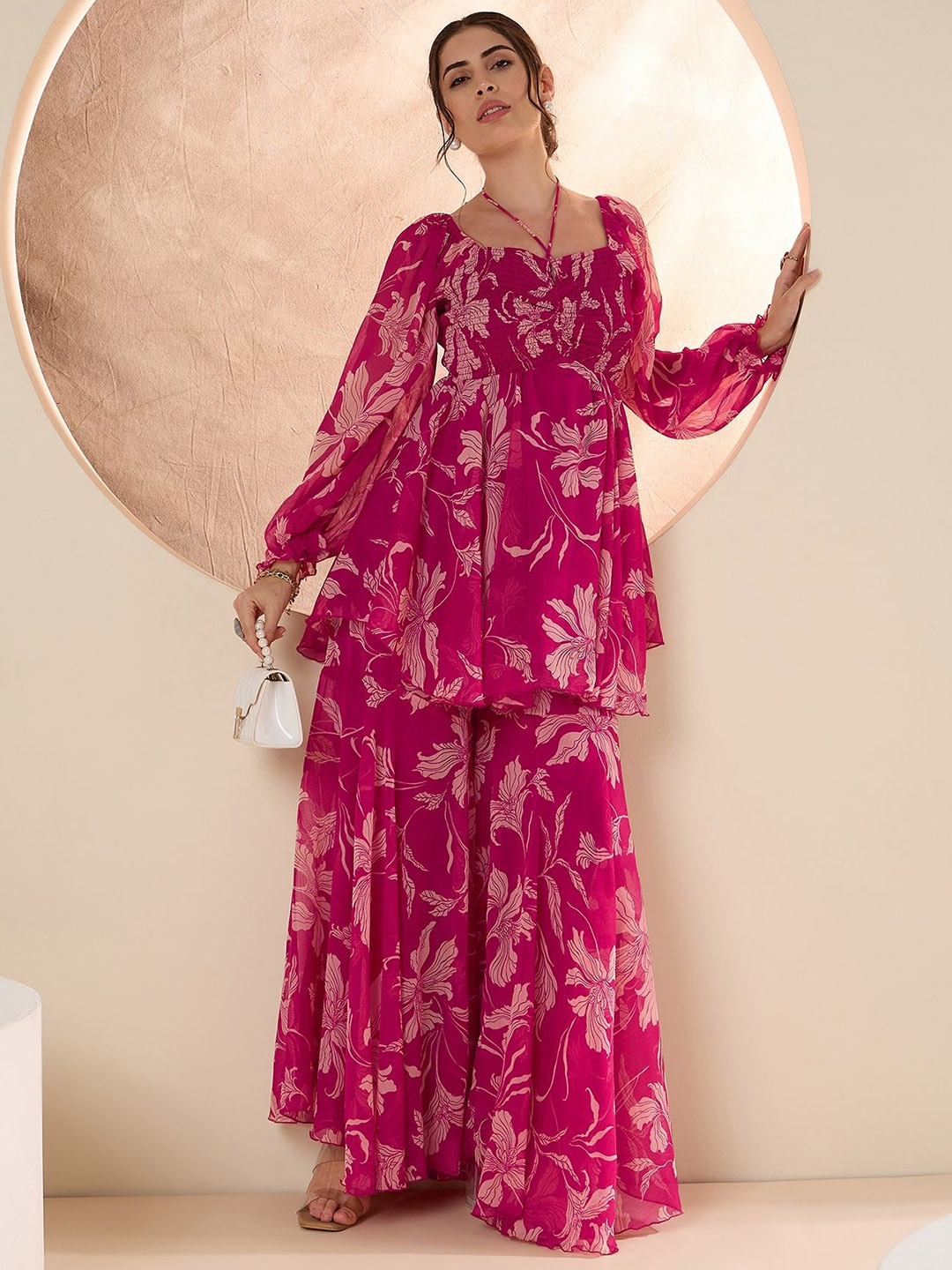 

Antheaa Floral Printed Square Neck Tunic & Sharara, Pink