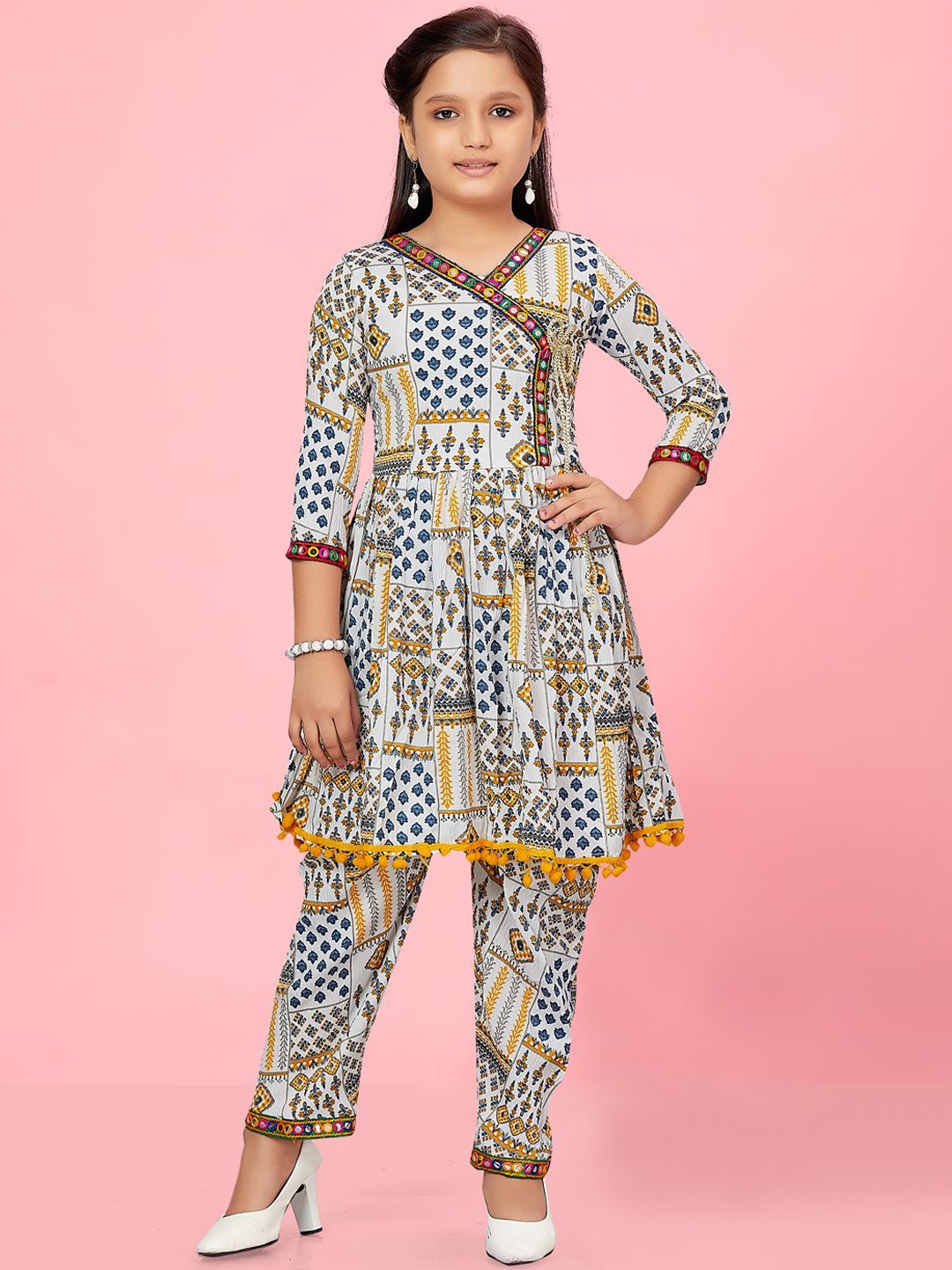 

BAESD Girls Printed Angrakha Mirror Work Kurti with Trousers, White