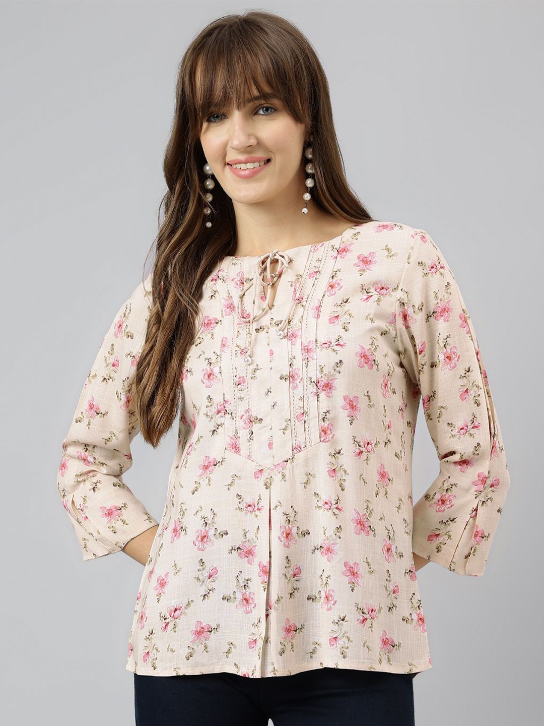 

Latin Quarters Women Floral Printed Tie-Up Neck Top, Pink