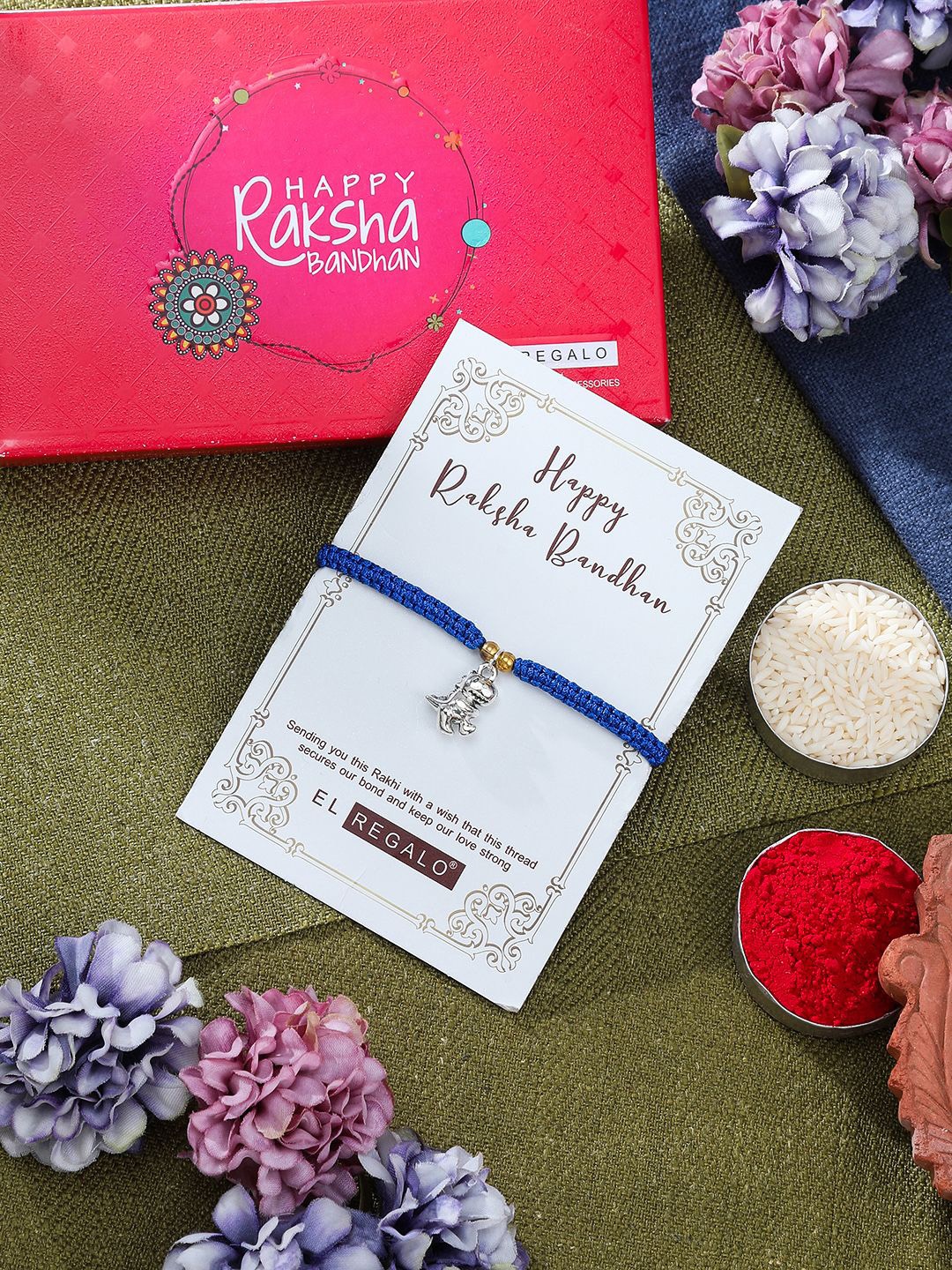 

EL REGALO Dinosaur Charm Rakhi Gift Set, Blue