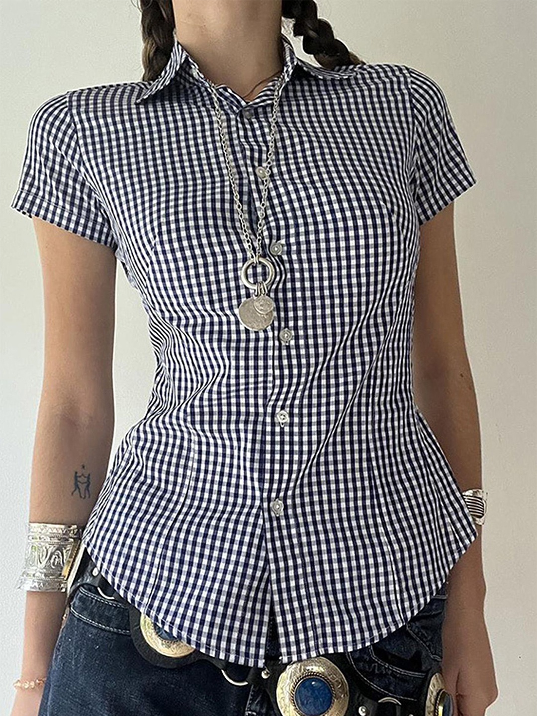 

LULU & SKY Women Checked Shirt Collar Top, White