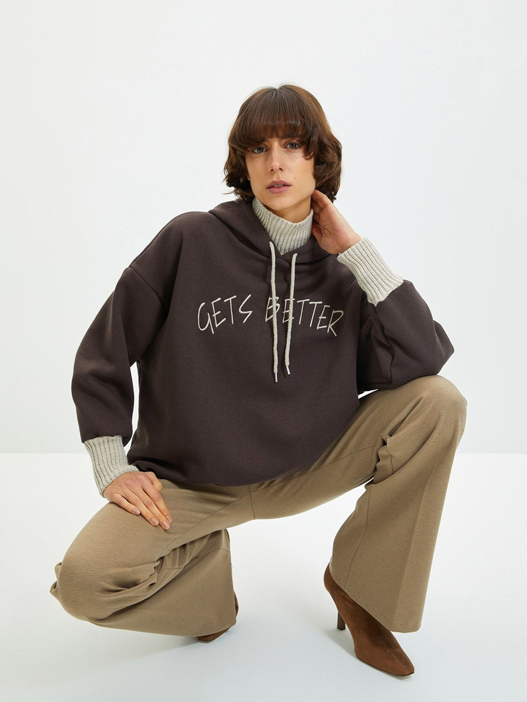 

Trendyol Women Typography Embroidered Hooded Sweatshirt, Brown