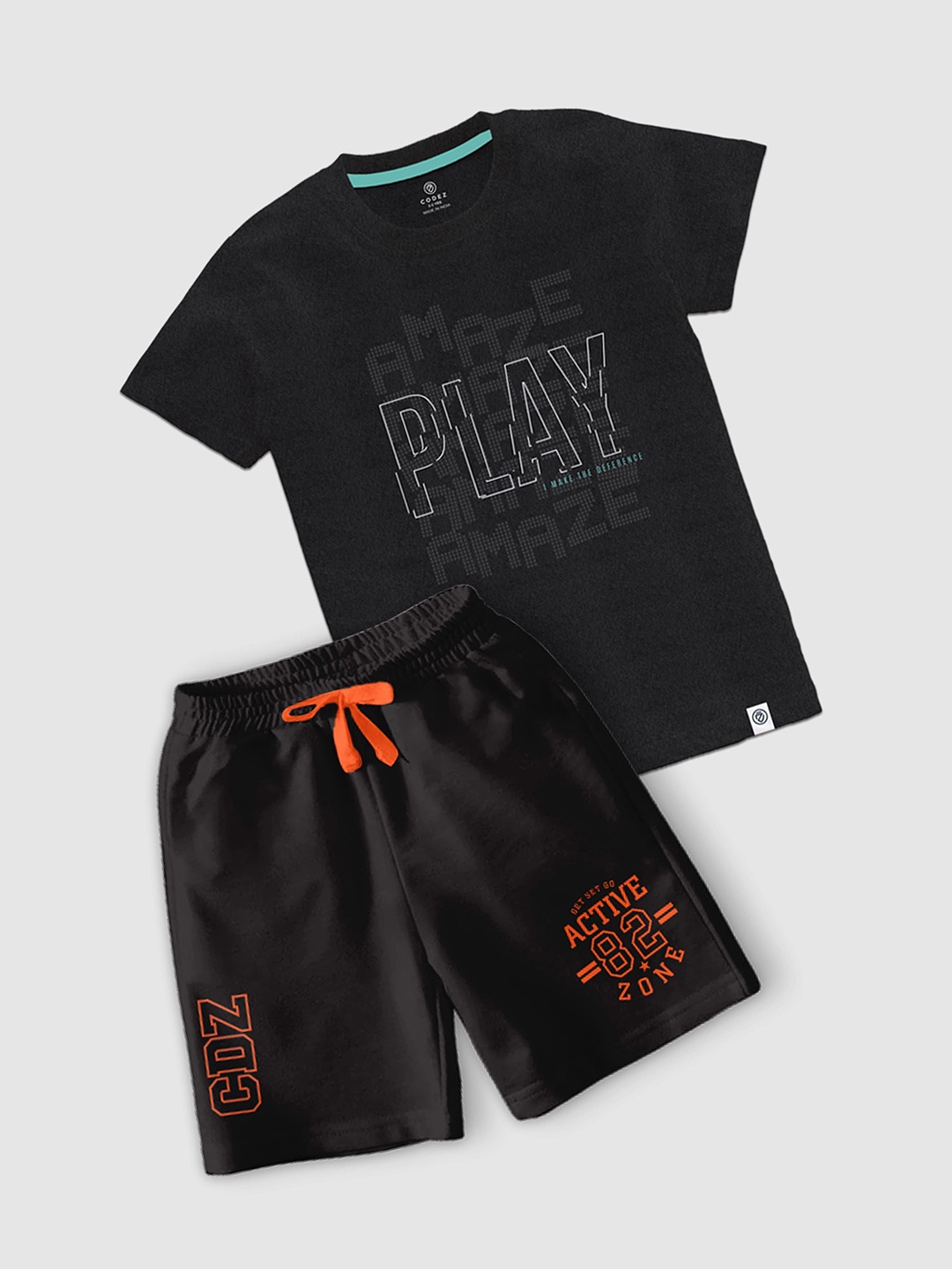 

CODEZ Boys Typography Printed Round Neck T-shirt With Shorts, Black
