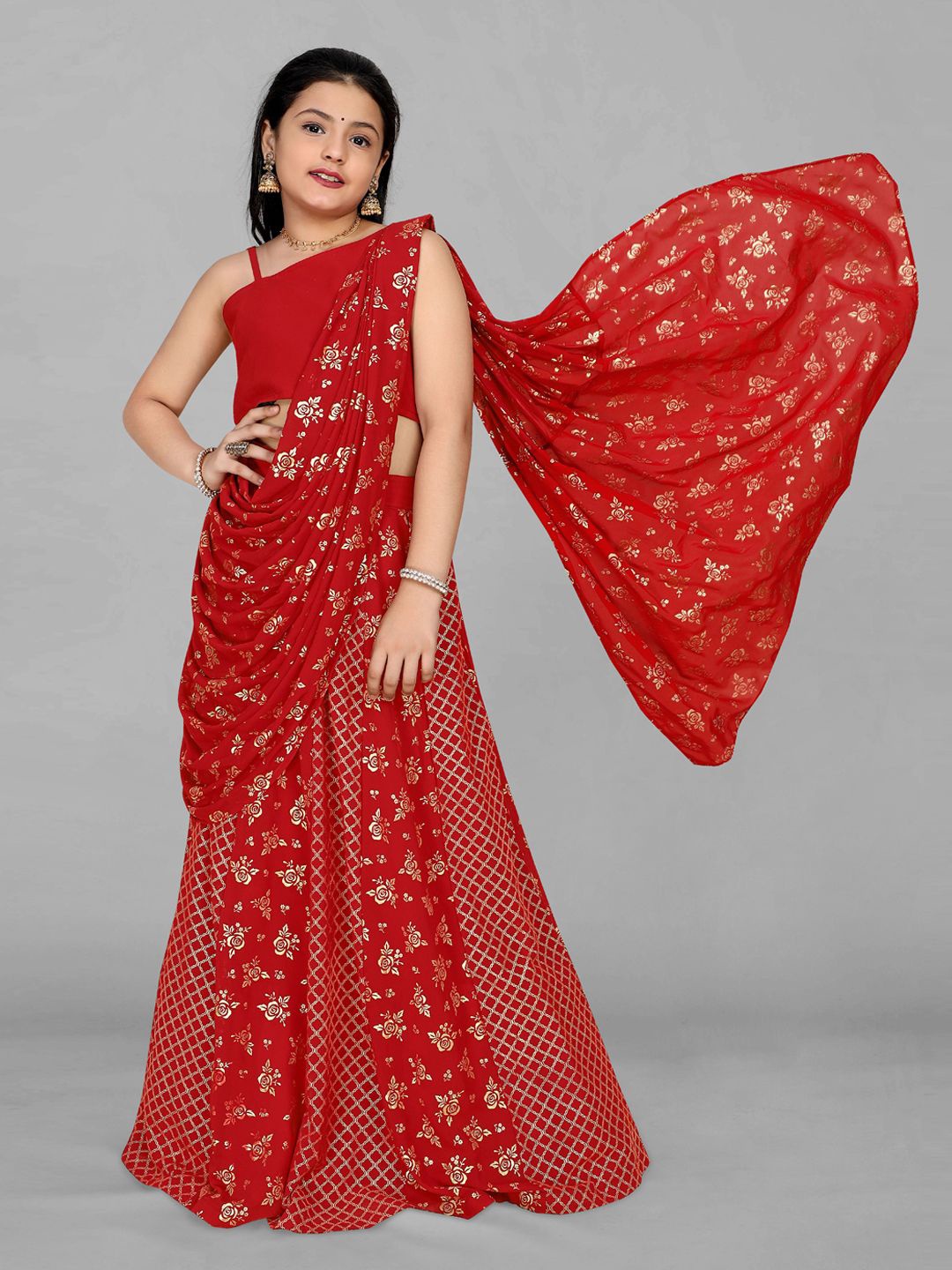 

BAESD Girls Printed Georgette Ready to Wear Lehenga & Blouse With Dupatta, Red