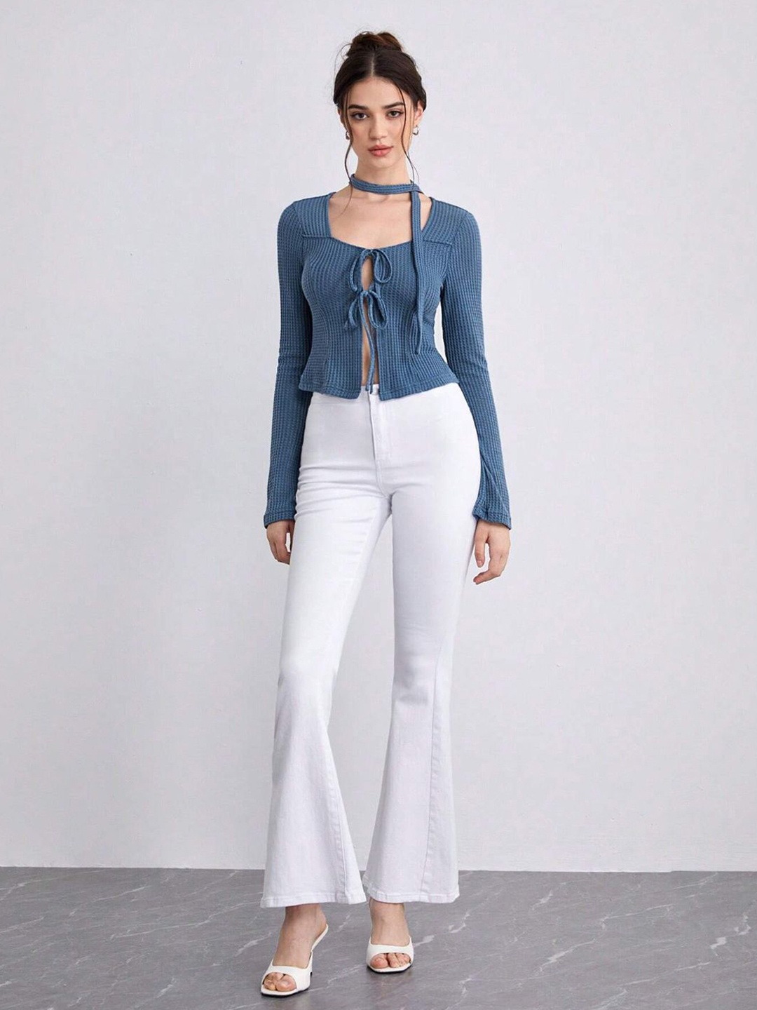 

JC Mode Women Solid Tie-Up Neck Top, Blue