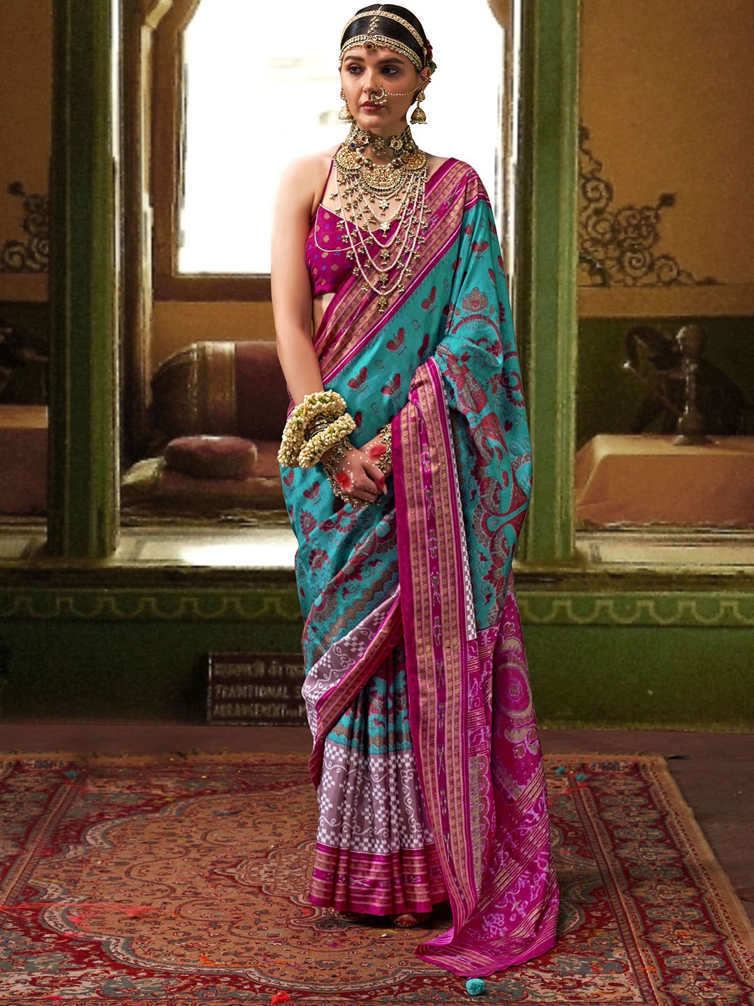 

Mitera Floral Zari Silk Blend Saree, Blue