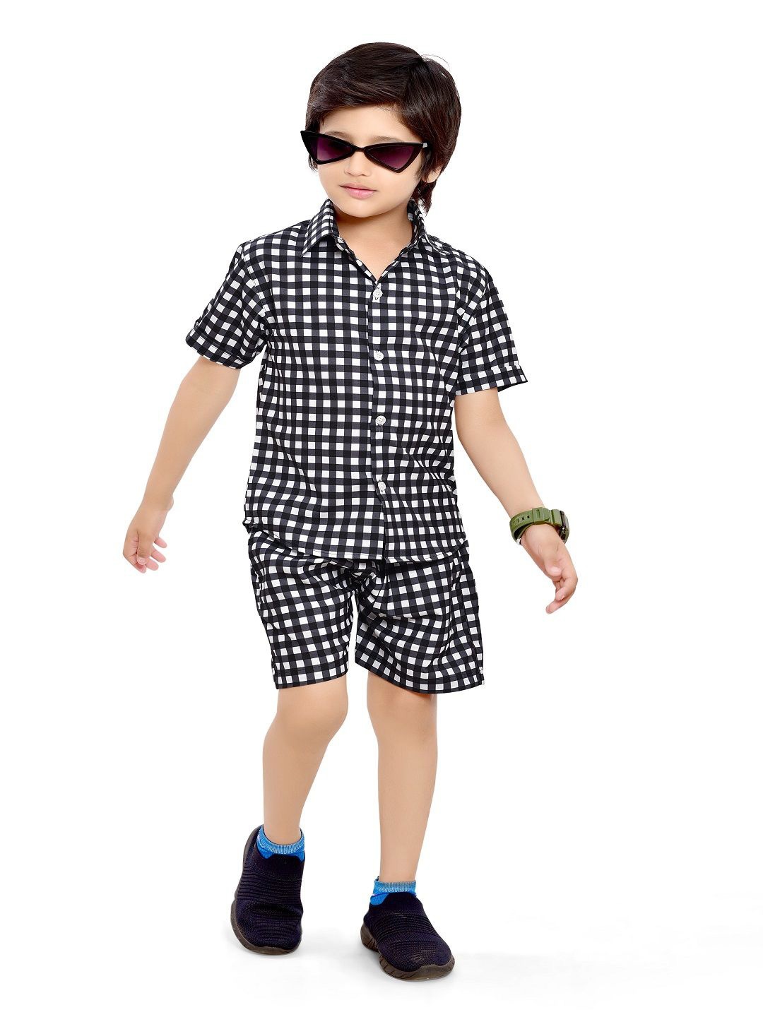 

BAESD Boys Checked Pure Cotton Shirt with Shorts, Black