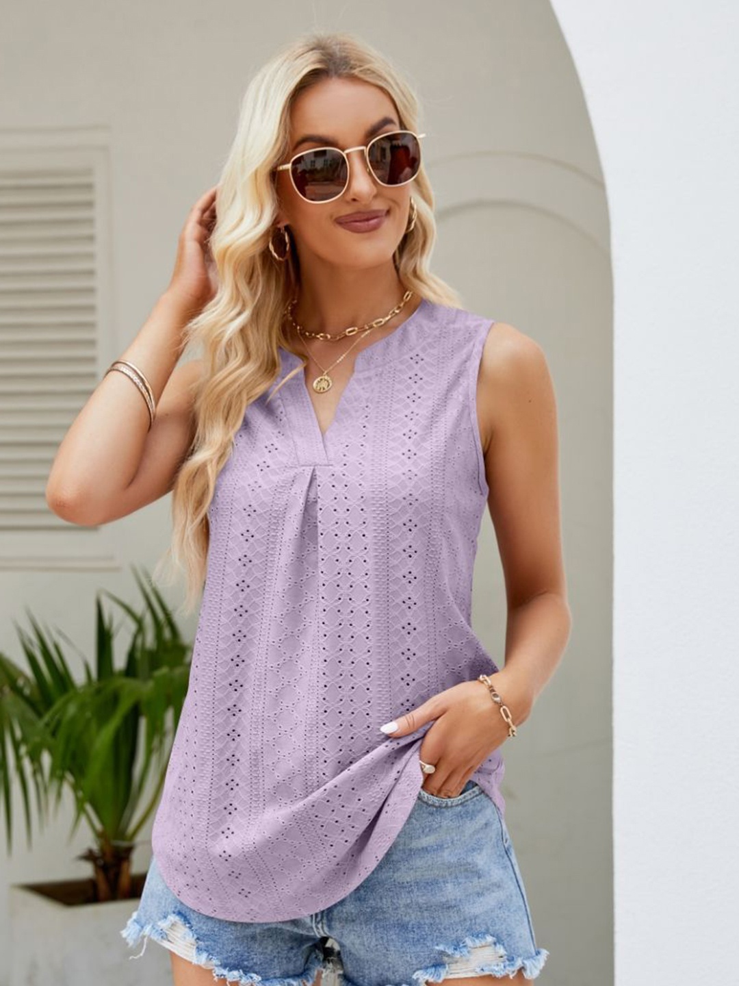 

StyleCast Women Self Design V-Neck Top, Lavender