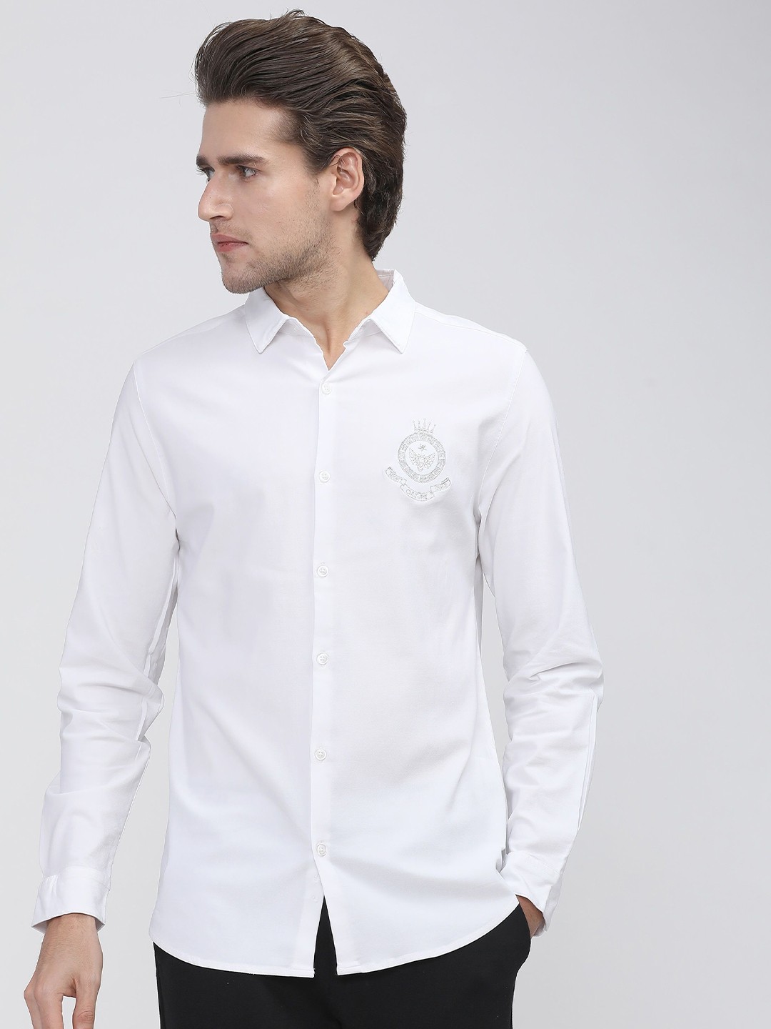 

HIGHLANDER Men Spread Collar Solid Nylon Slim Fit Casual Shirt, White