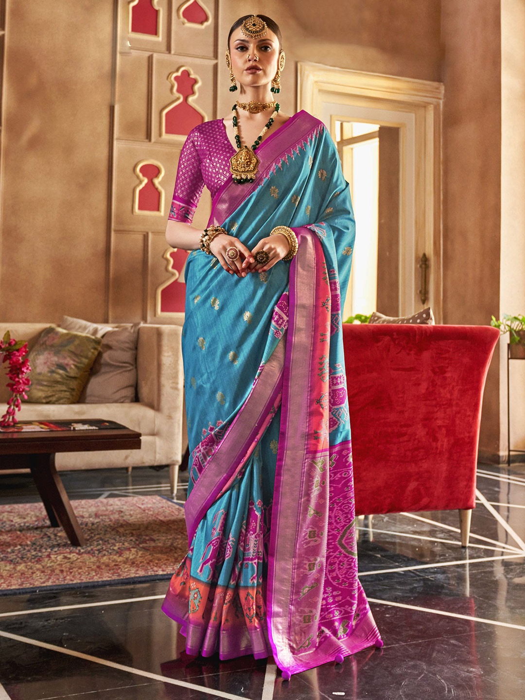 

Mitera Woven Design Zari Silk Blend Patola Saree, Blue