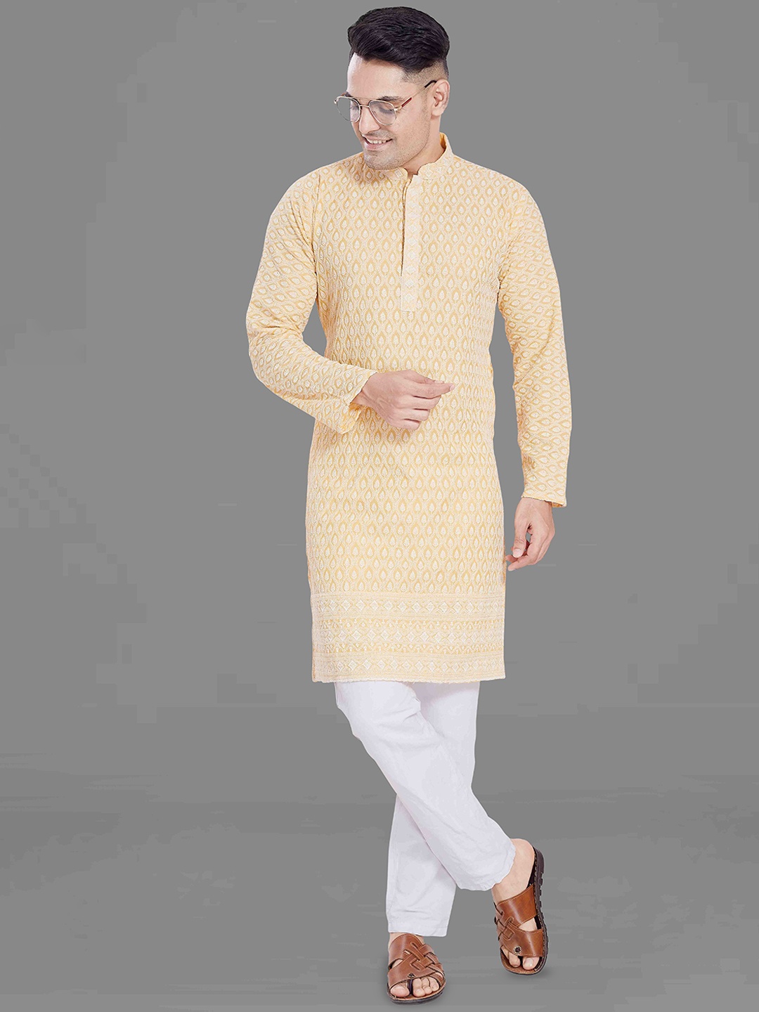 

DIVISIVE Men Geometric Thread Work Kurta, Yellow