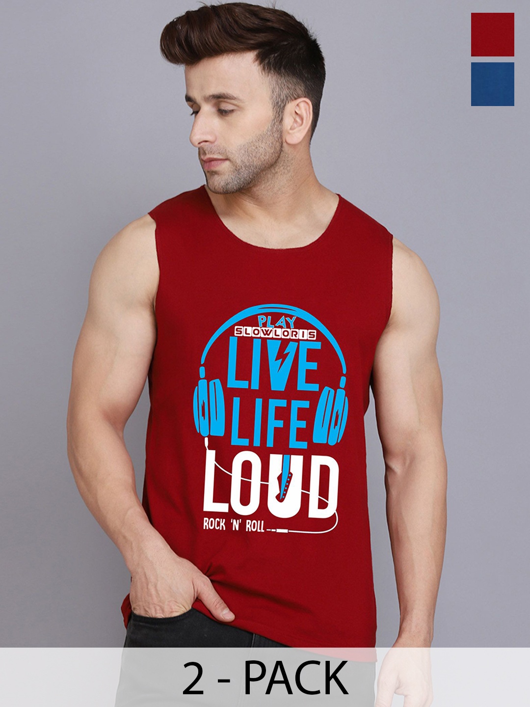 

SLOWLORIS Pack Of 2 Men Printed Gym Vests, Maroon