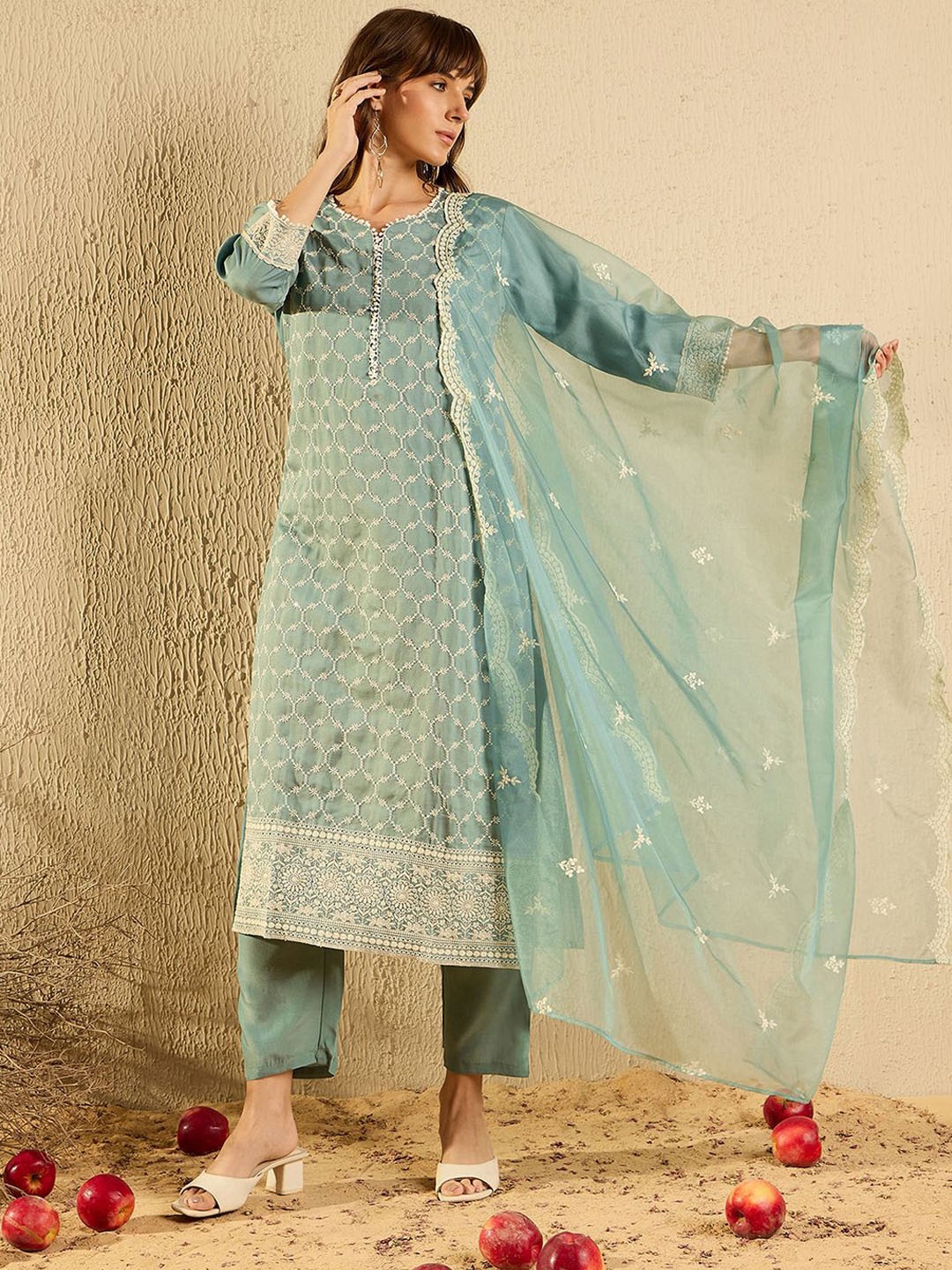 

Indo Era Women Embroidered Regular Thread Work Kurta with Trousers & With Dupatta, Blue