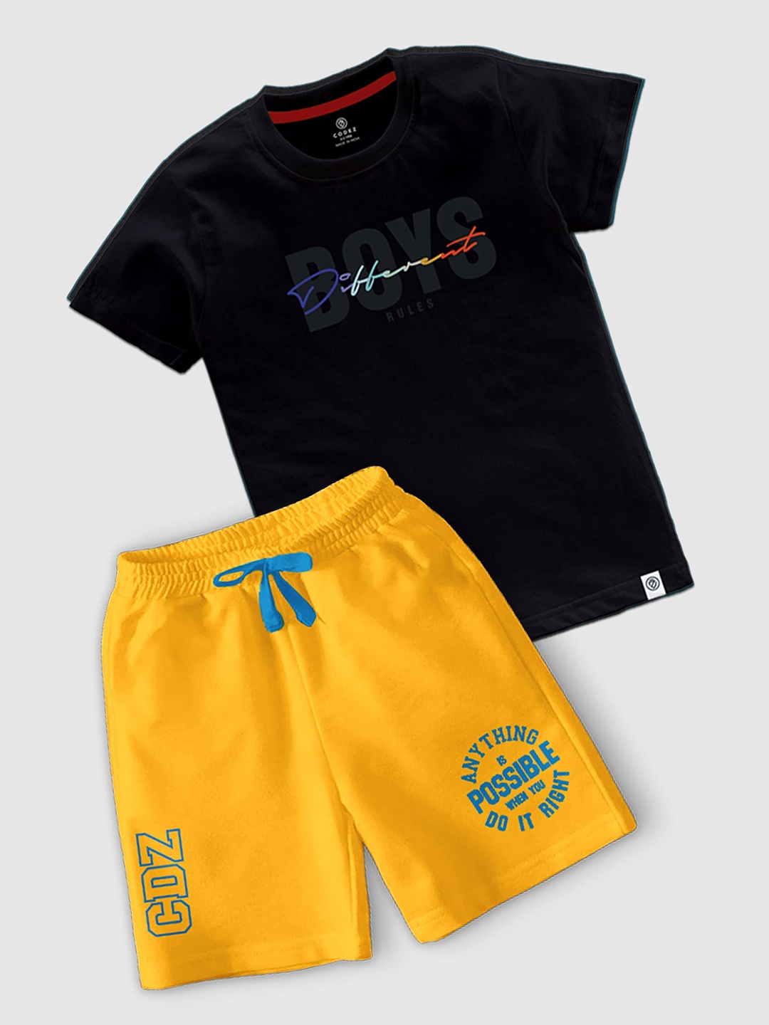 

CODEZ Boys Typography Printed Round Neck T-shirt With Shorts, Black