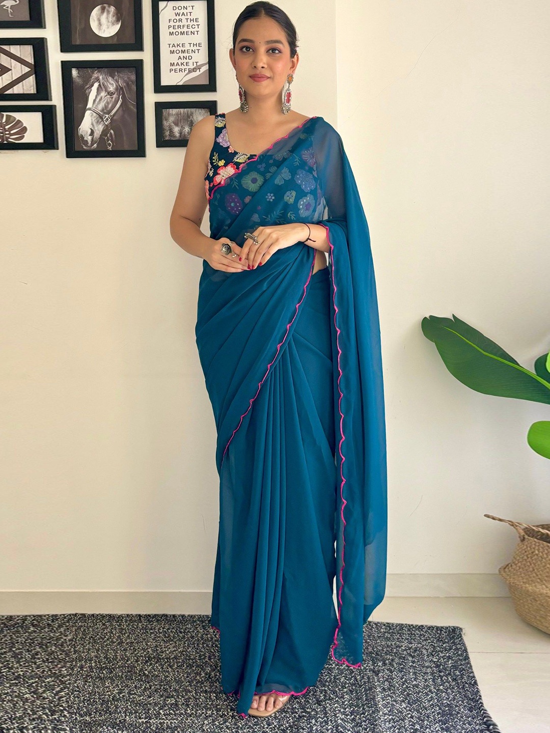 

MySilkLove Embroidered Solid Pure Georgette Saree, Blue