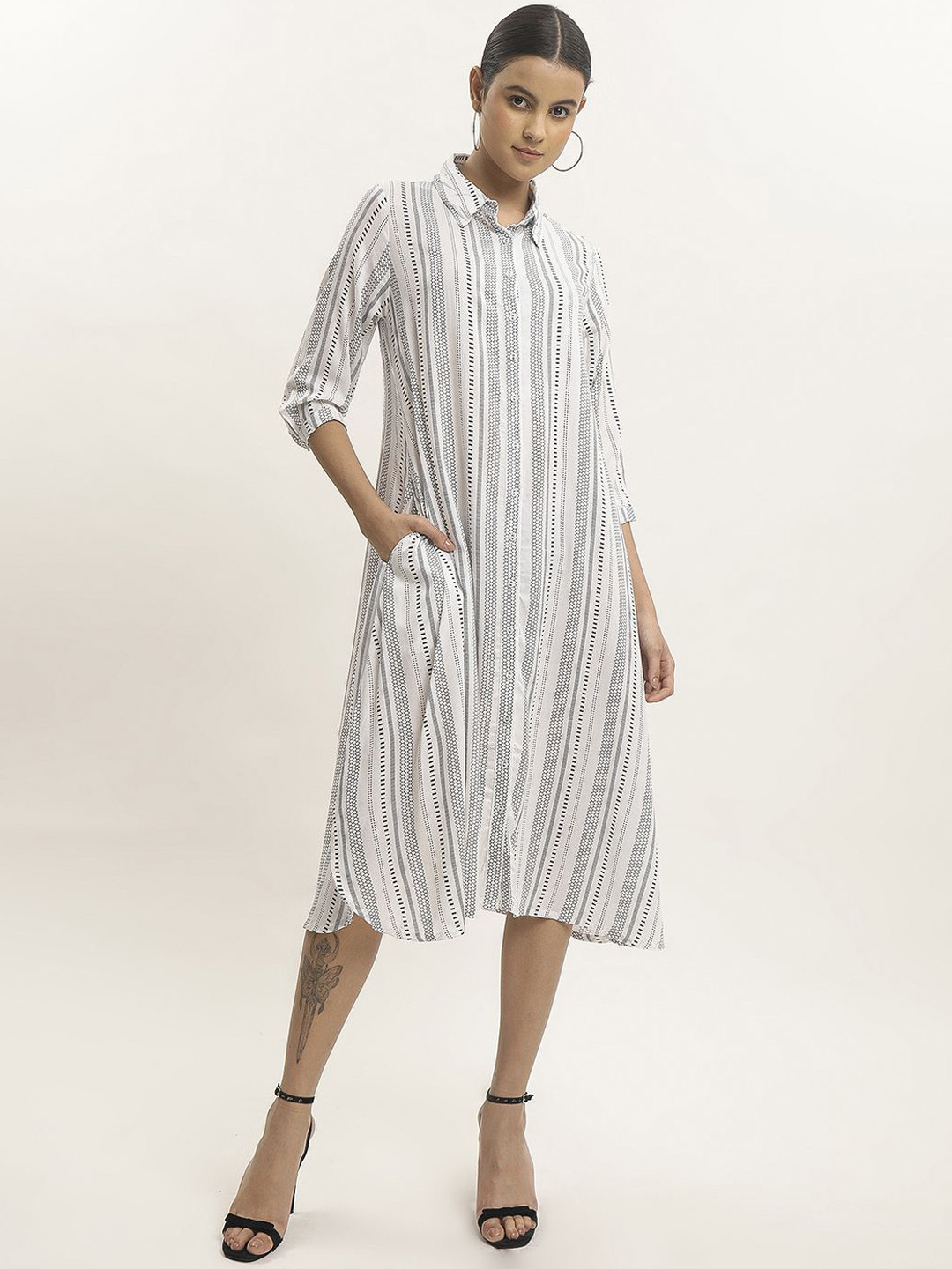 

BLACK & BLAH BLAH Women Relaxed Fit Stripes Printed A-Line Viscose Midi Dress, Off white