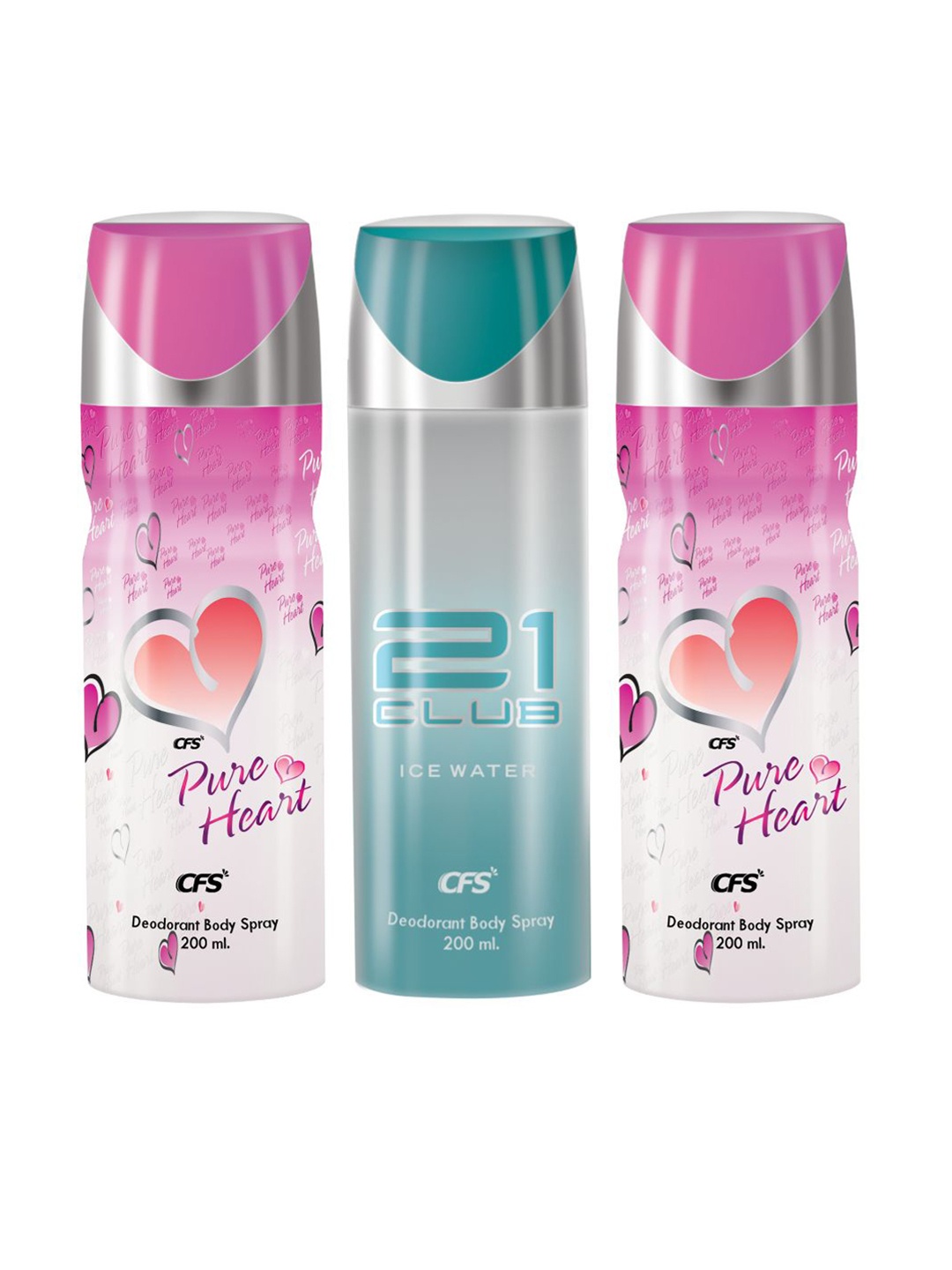 

CFS Set Of 3 Pure Heart & 21 Club Deodorant Body Sprays- 200ml Each, Pink