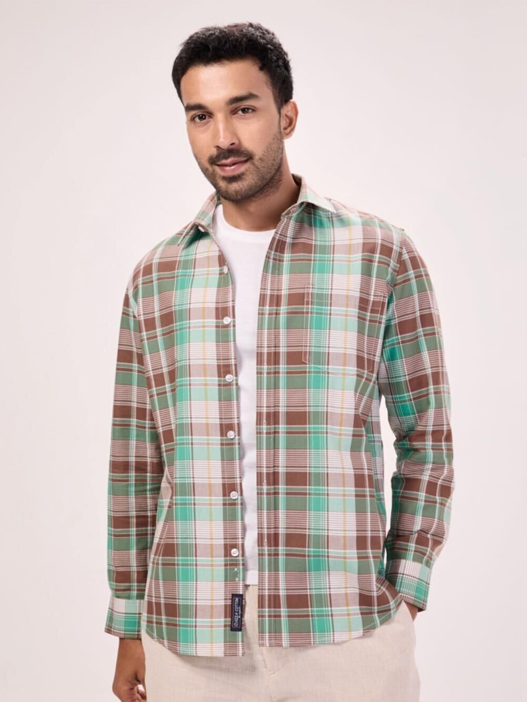 

Bombay High Men Comfort Spread Collar Checked Cotton Relaxed Fit Casual Shirt, Brown