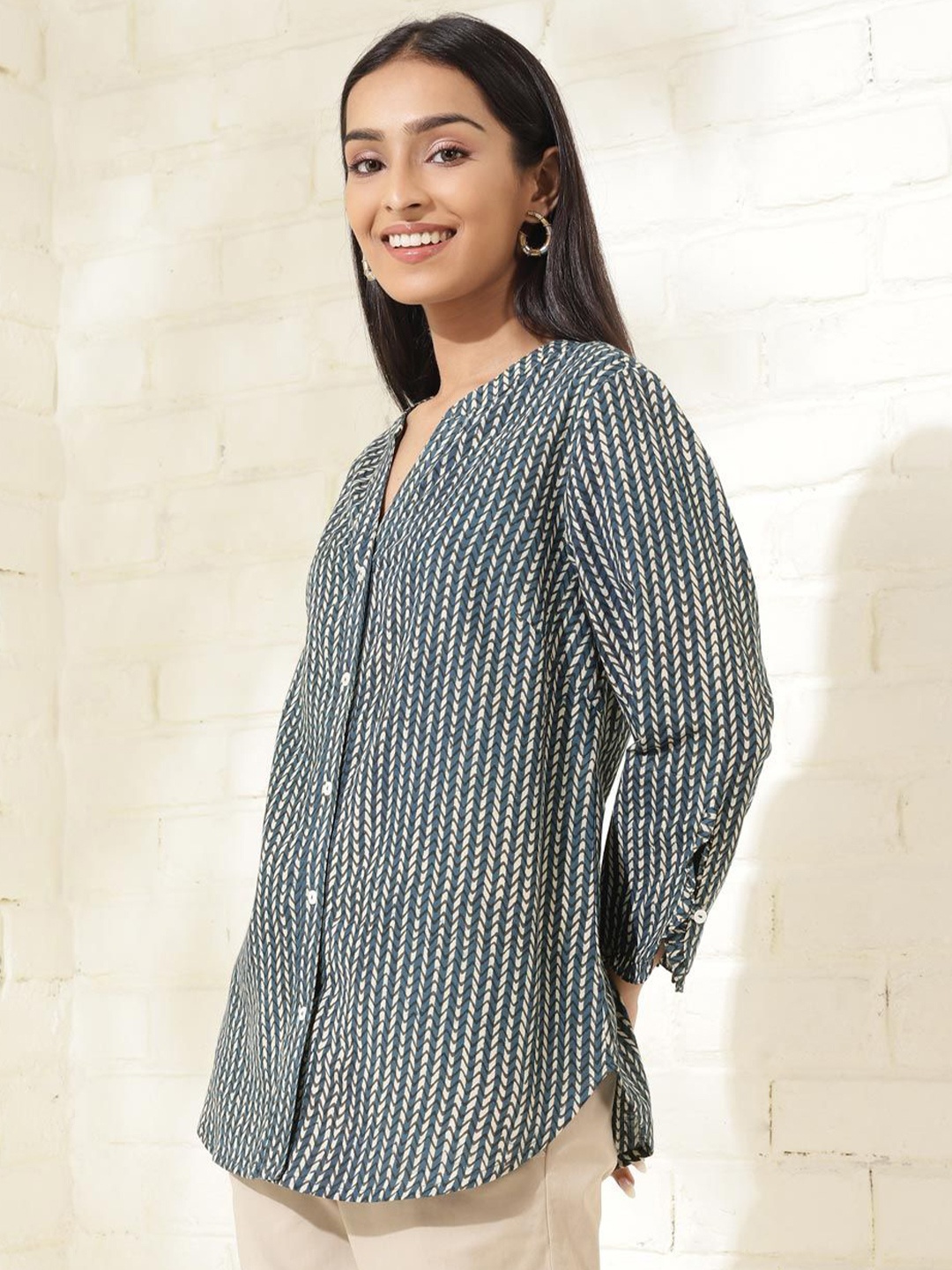 

Fabindia Women Mandarin Collar Abstract Printed Cotton Casual Shirt, Blue