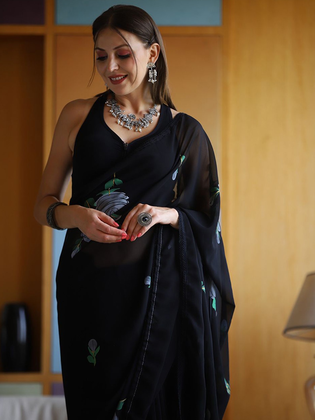 

SAREESBYCHIRAG Embellished Sequinned Poly Georgette Saree, Black