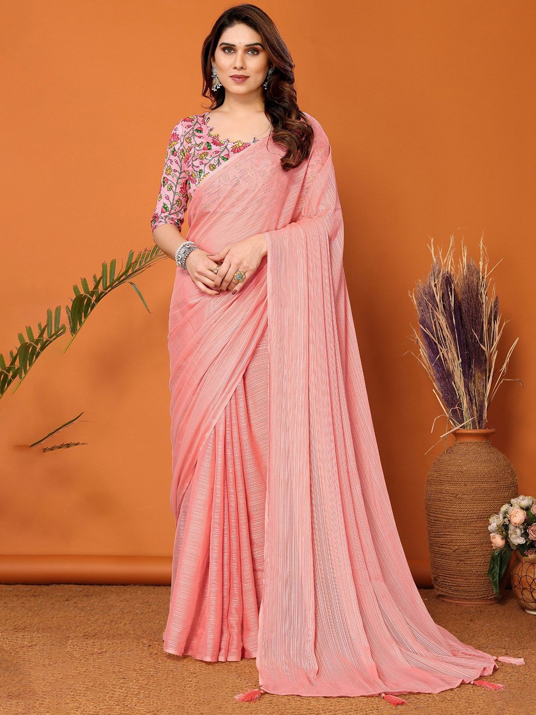 

MySilkLove Striped Solid Saree, Peach