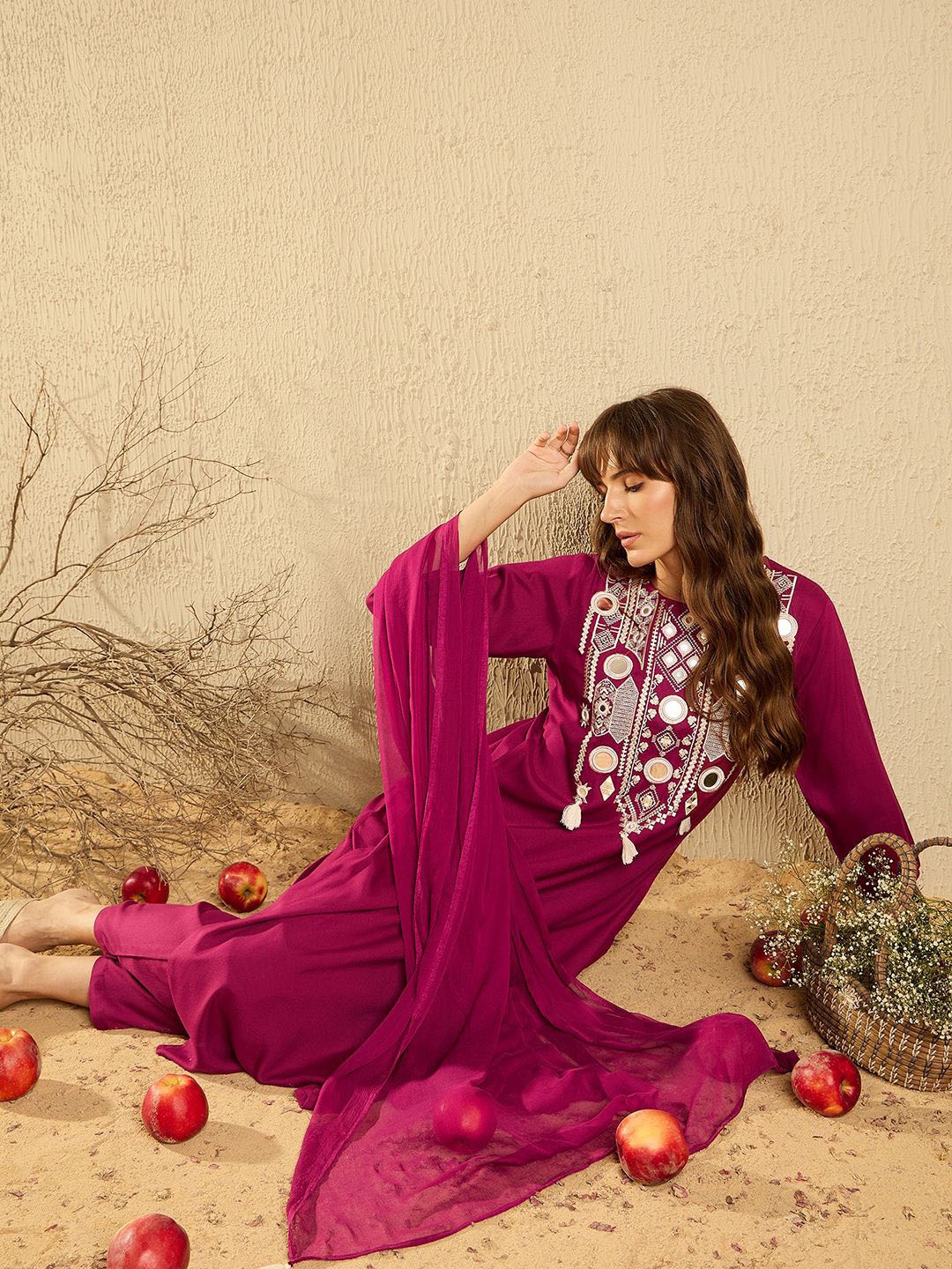 

Indo Era Women Ethnic Motifs Embroidered Regular Mirror Work Kurta with Trousers & With Dupatta, Burgundy