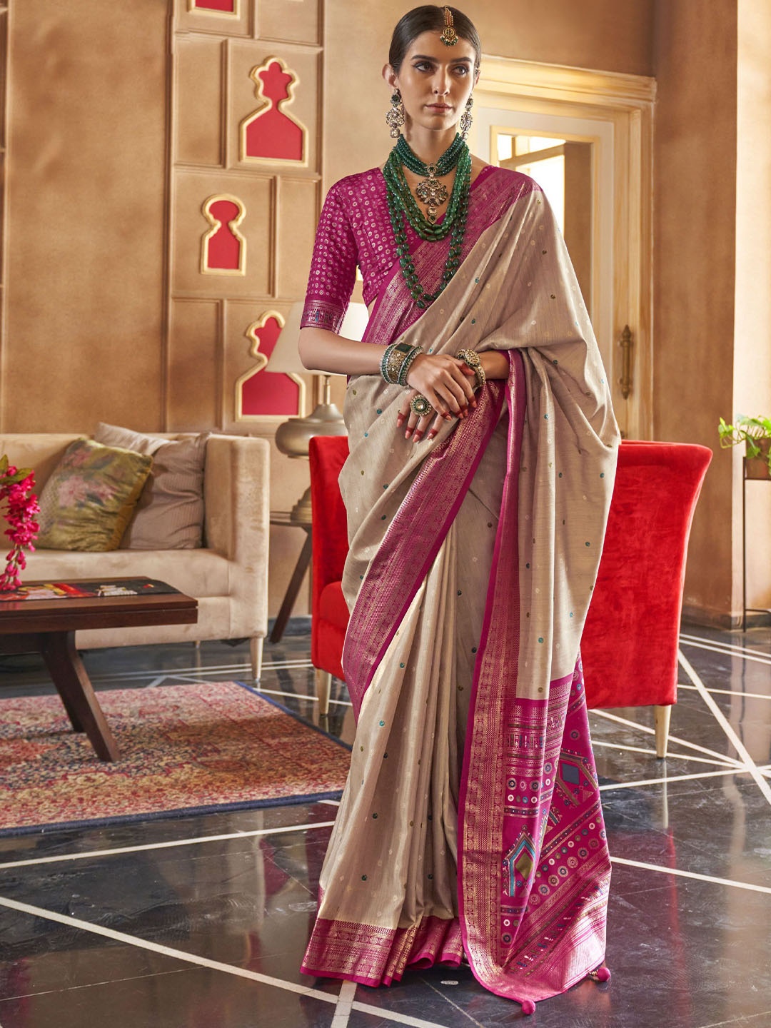 

Mitera Woven Design Zari Silk Blend Patola Saree, Beige