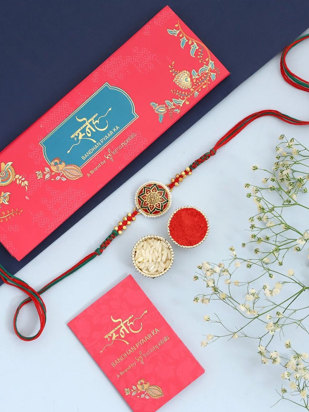 

fnp Golden Red Elegance Pearl Rakhi Classic Pearls, Gold