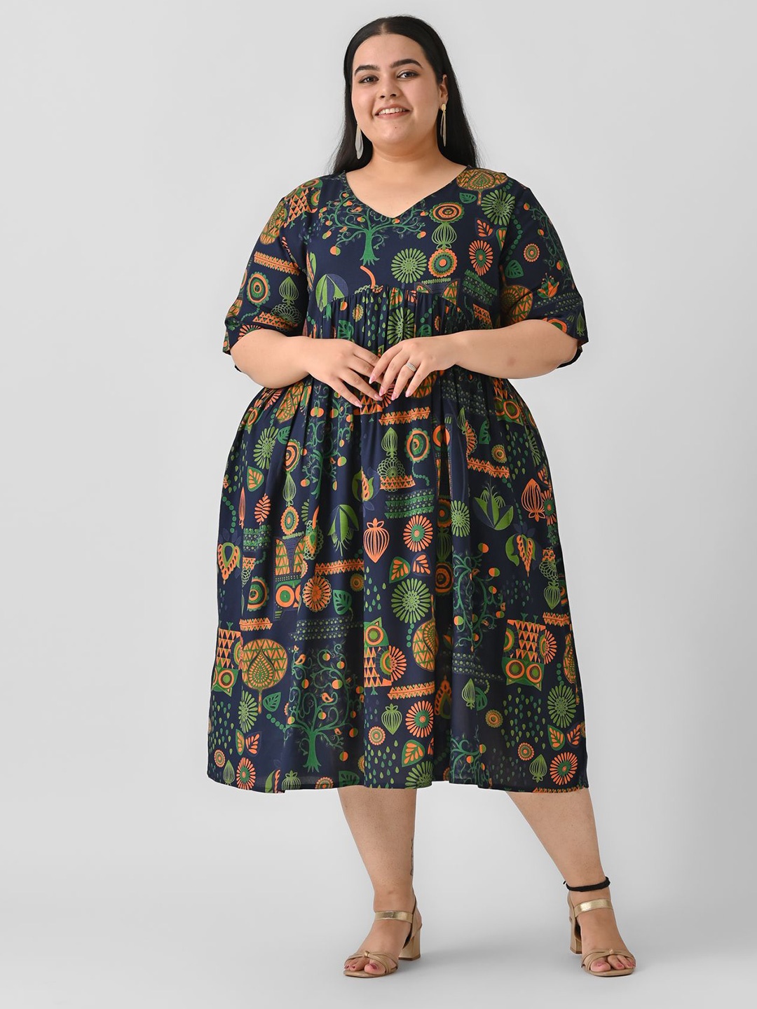 

Shape of me by Rustorange Plus Size Printed Fit & Flare Midi Dress, Blue