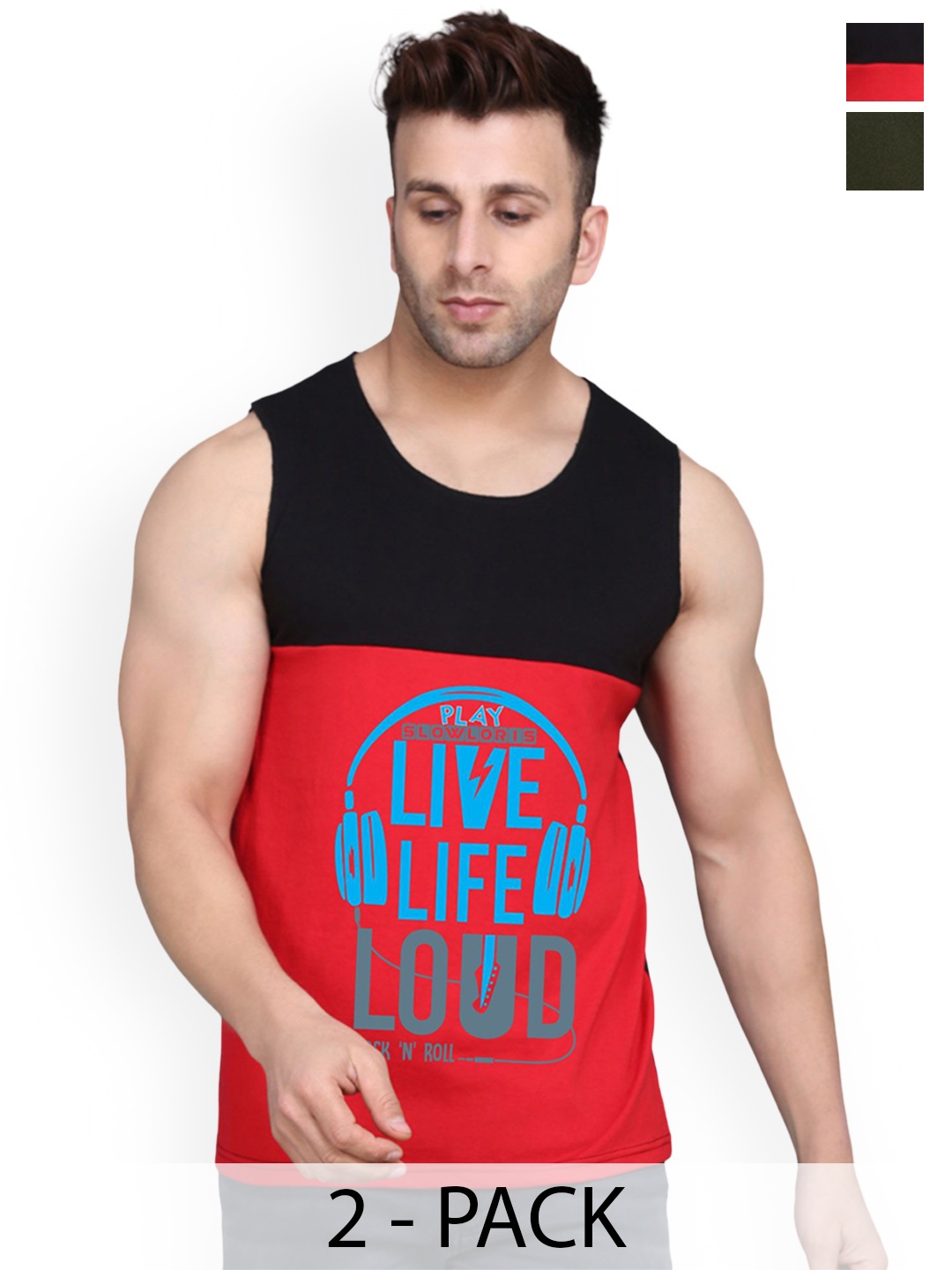 

SLOWLORIS Men Pack Of 2 Printed Cotton Gym Vests, Black