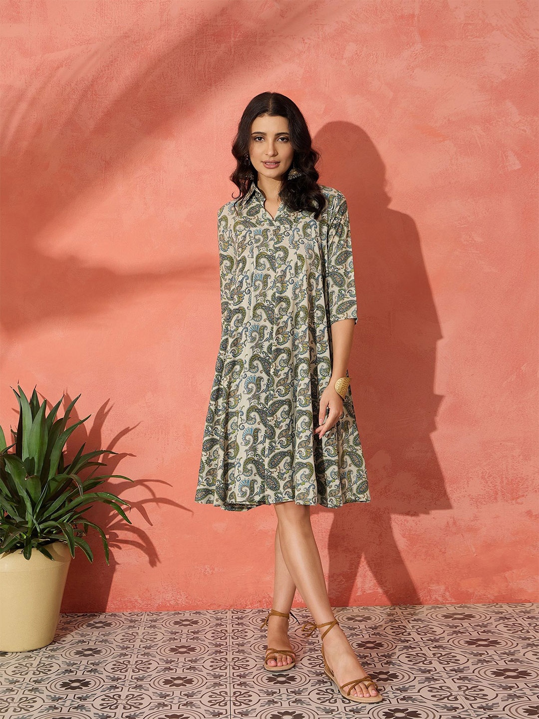 

InWeave Paisley Printed A-Line Dress, Green