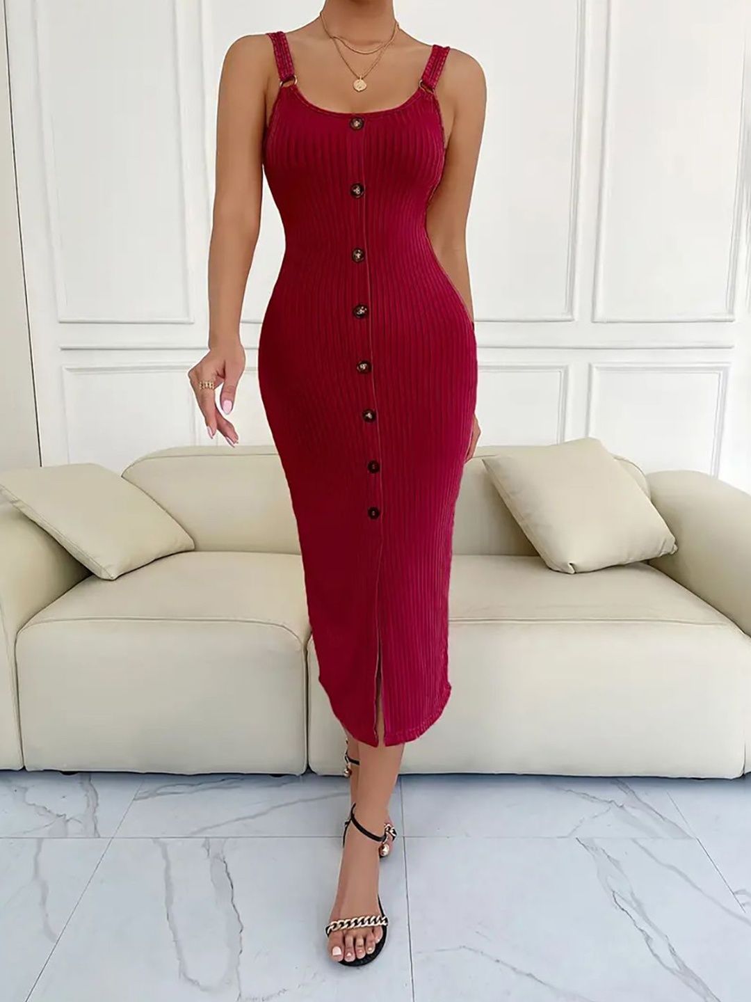 

JC Mode Shoulder Straps Sleeveless Sheath Midi Dress, Maroon