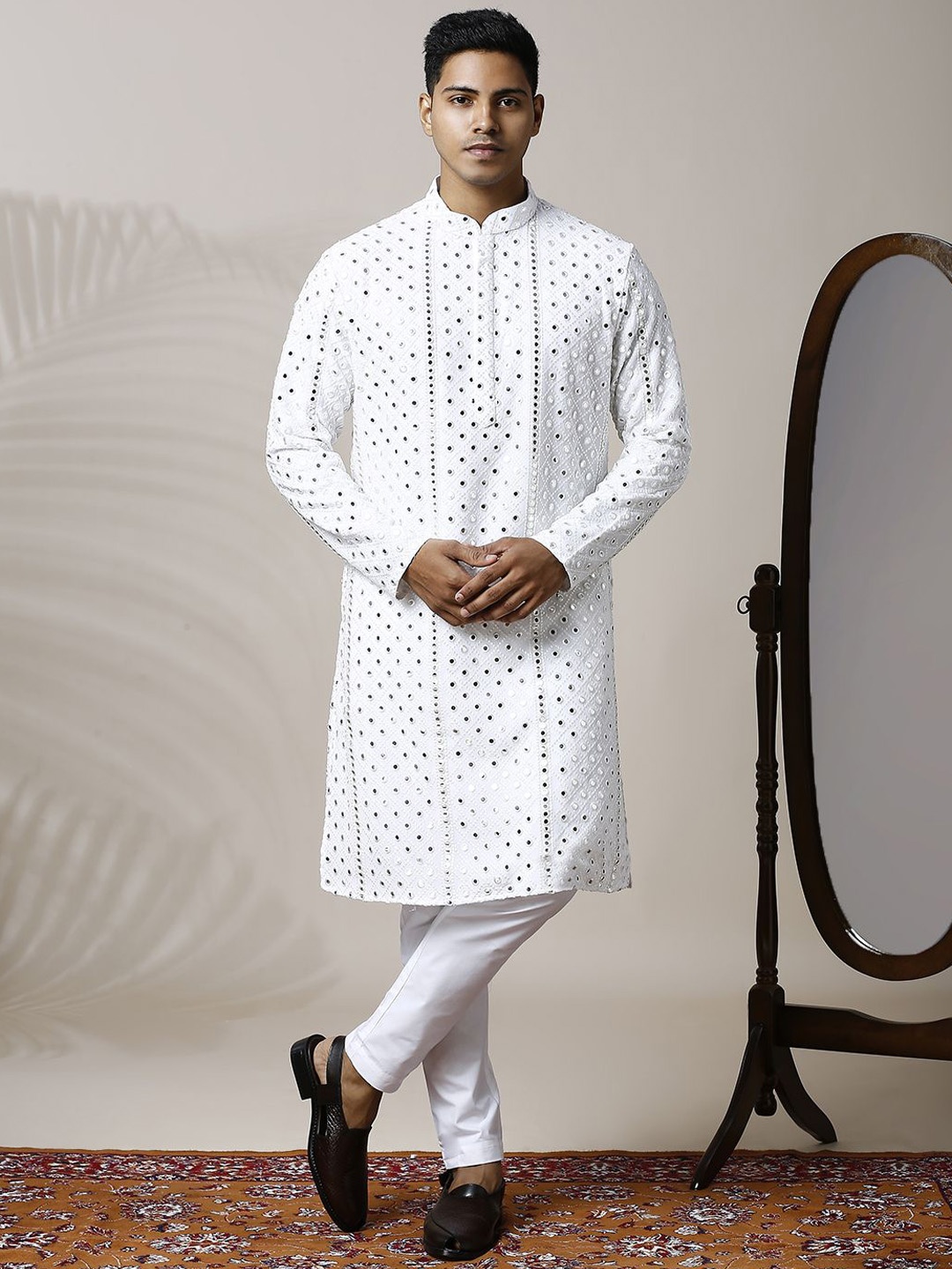 

Be Desi Men Embroidered Regular Mirror Work Kurta with Pyjamas, White